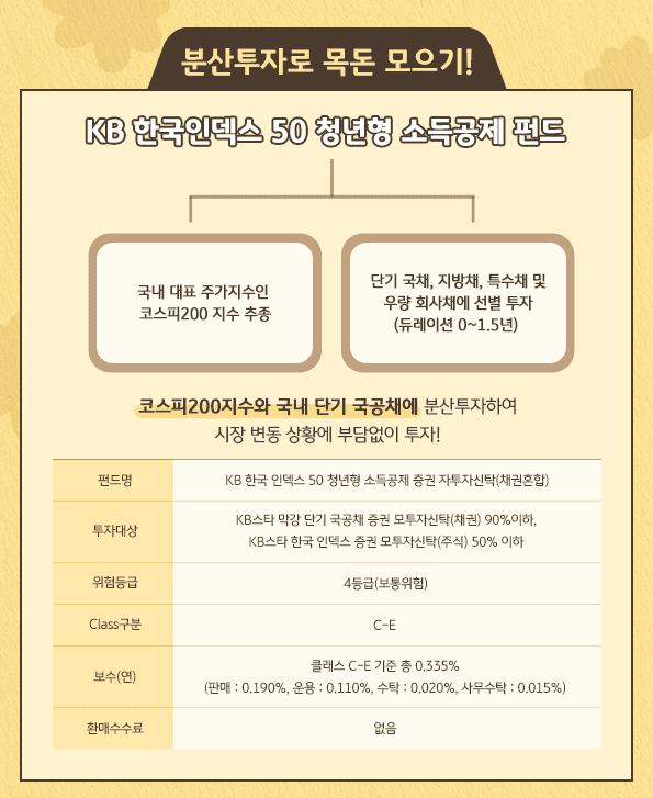 kb 한국 인덱스 50 청년형 소득공제 펀드. 코스피200지수 추종, 듀레이션 0~1.5년 특수채 및 우량 회사채 선별 투자.